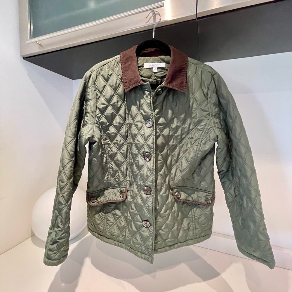Croft & Barrow dark sage green quilted barn coat brown corduroy collar sz Large